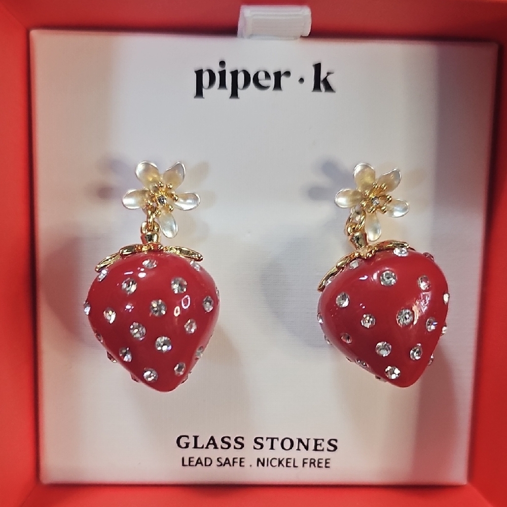 Piper K Red Strawberry Dangle Drop Fruit Earrings Red and Gold NEW